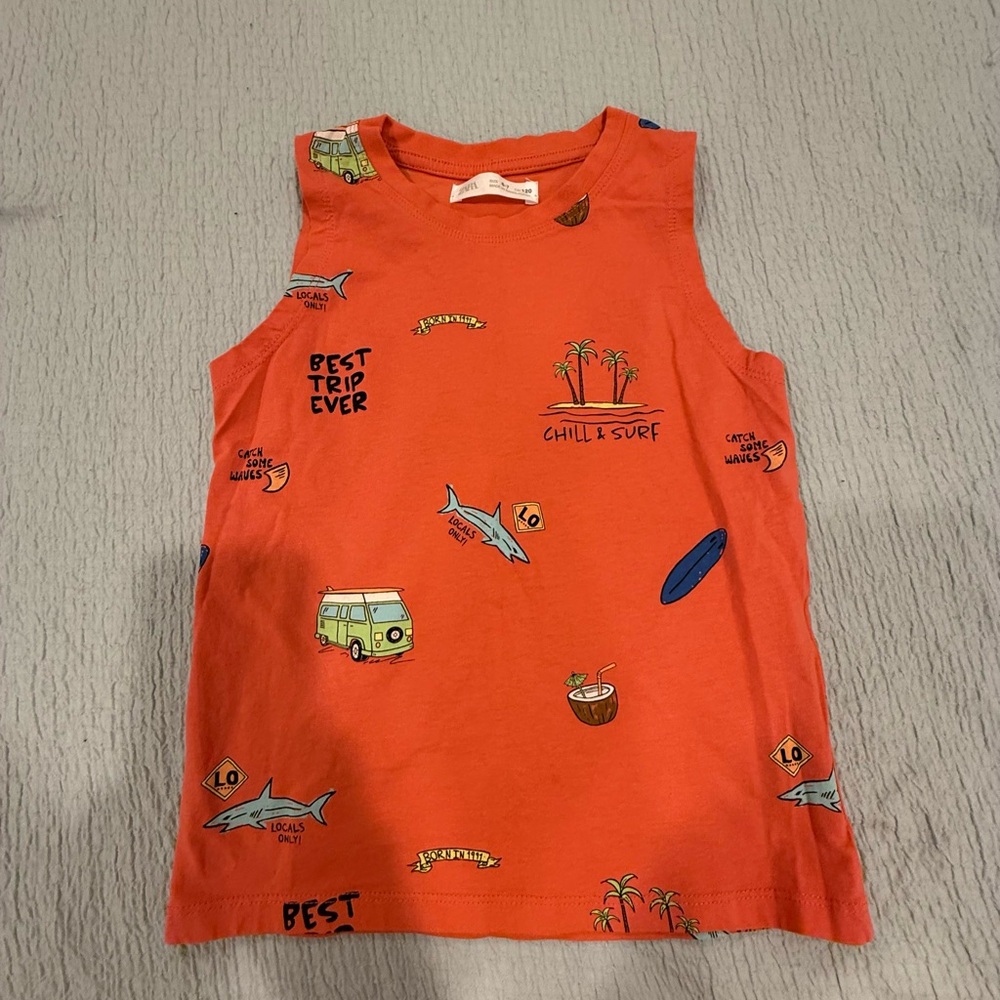 Zara Vibrant Orange Tank Top with Playful Print Design size 6/7